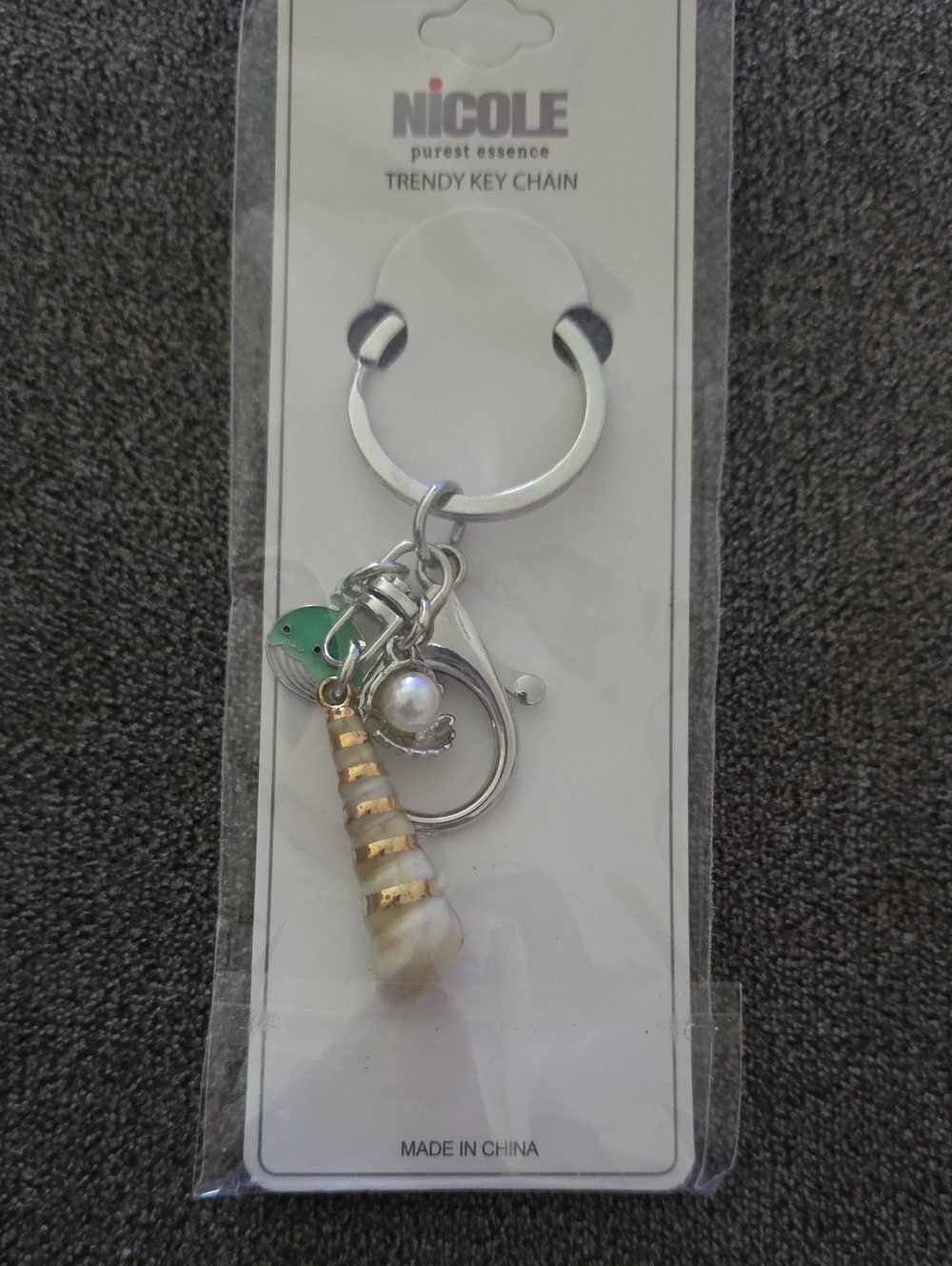 NICOLE Silver Key Chain with Green Enamel Bird & Pearl Charm
